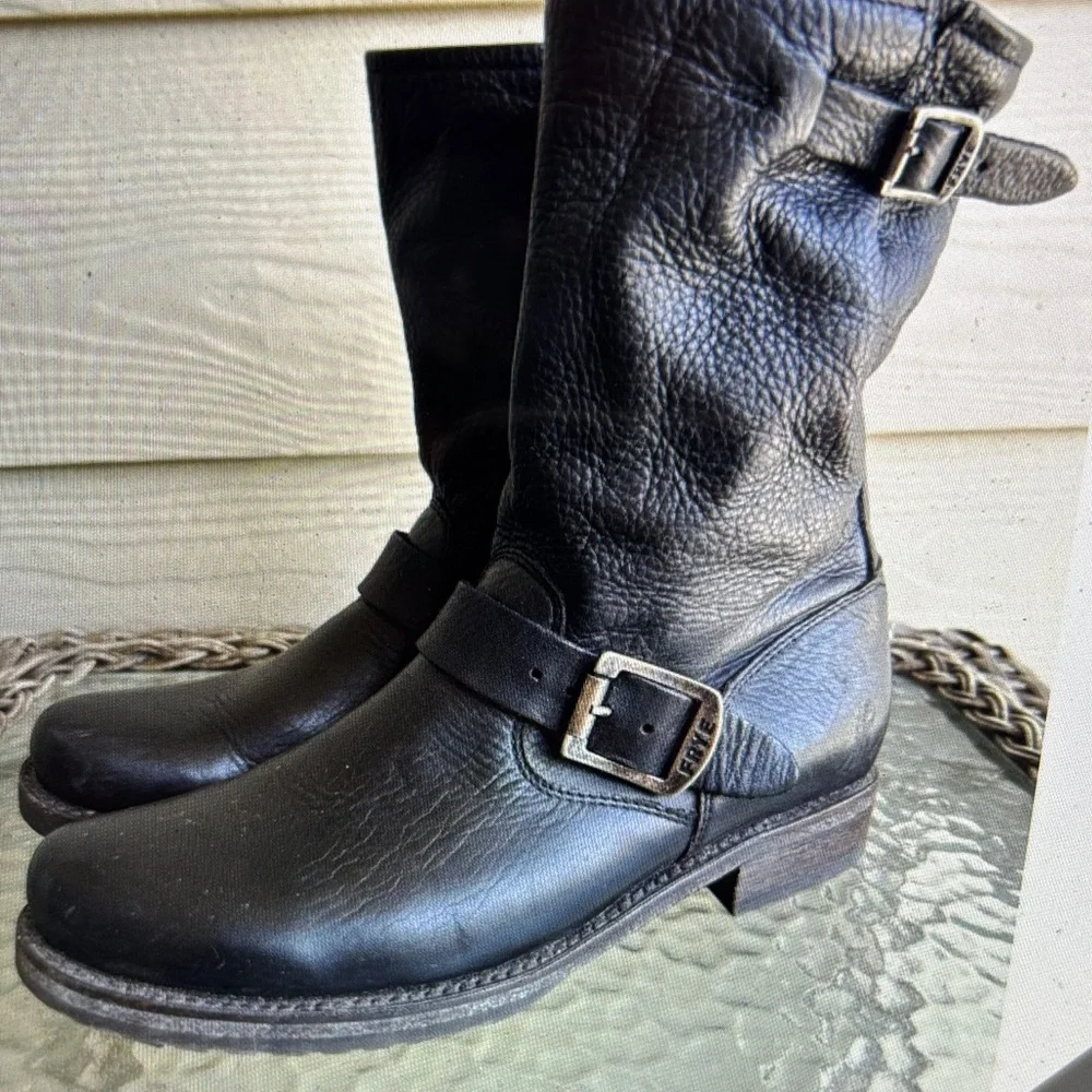 Black Leather Buckle Boots - Picture 2 of 8